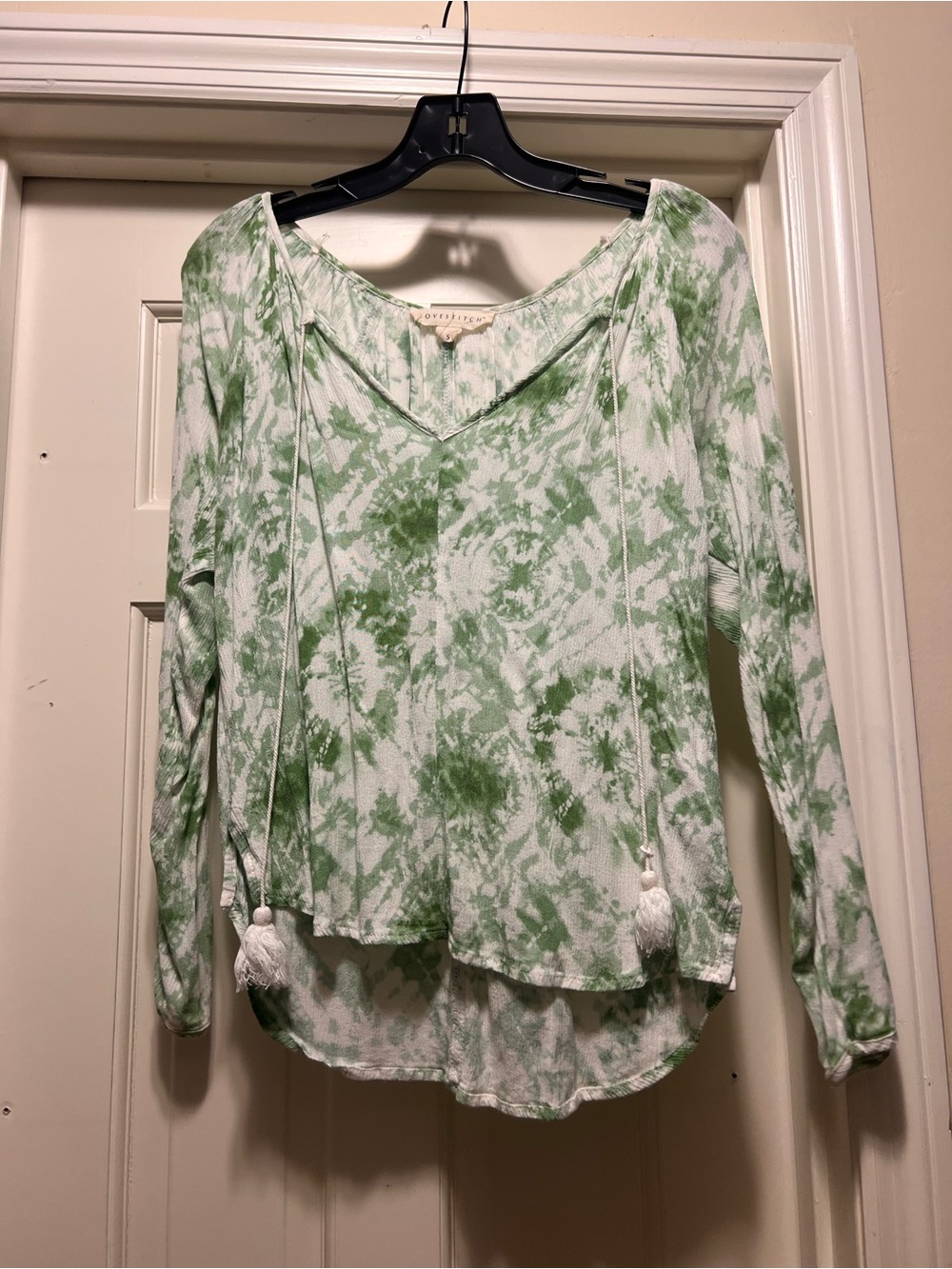 Lovestitch Light Green Tie-Dye Long-Sleeve V-Neck Top with Tassel Ties